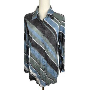 David Cline Shirt Large Snap Front  Slant Stripe Blue Green Crinkle Design
